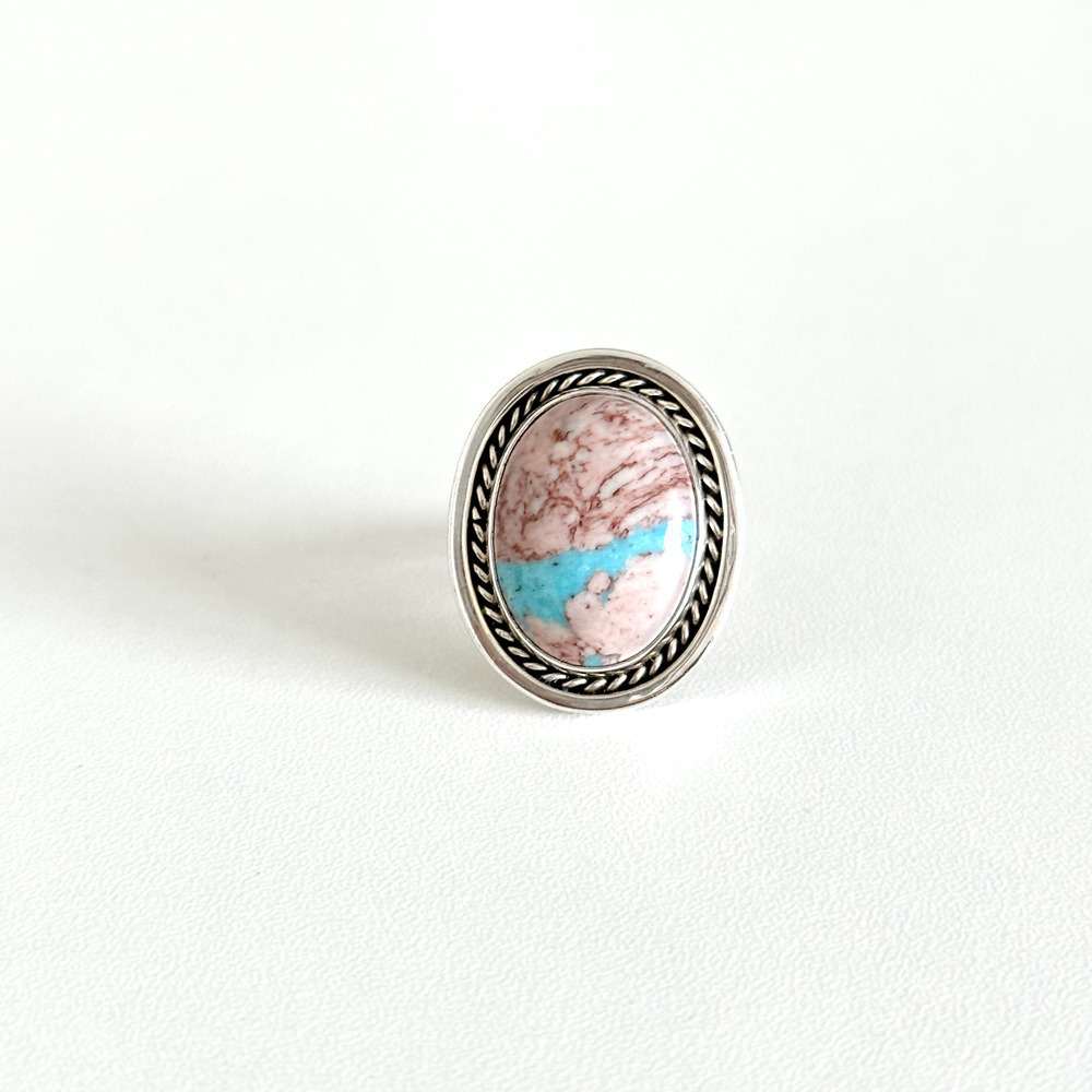 Vintage 925 Sterling Silver Running Bear Large Pink Blue Turquoise Ring Size 7 - Picture 5 of 14
